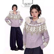 批发紫色费尔岛双拉链连帽毛衣开衫女秋冬季加厚宽松慵懒复古毛领外套