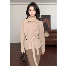 批发设计感绑带收腰高领毛衣女秋冬韩系慵懒针织上衣