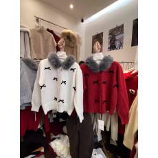 批发十三行2025冬装新款甜美蝴蝶结毛领针织开衫女宽松长袖毛衣外套