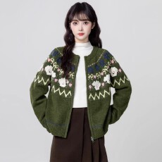 批发绿色费尔岛毛衣外套女秋冬2025秋季新款加厚提花拉链针织开衫上衣