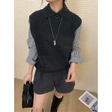 批发韩系撞色假两件圆领毛衣拼接衬衫女<b class='q'>春</b>秋休闲显瘦叠穿针织开衫通勤