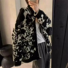 韩国东大门复古重工提花立领毛衣外套女秋冬新款宽松慵懒针织开衫