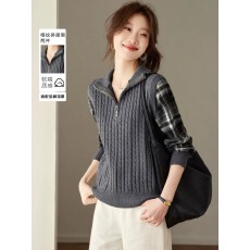 批发假两件格子拼接针织衫女<b class='q'>长袖</b><b class='q'>t</b><b class='q'>恤</b>2026秋季新款复古休闲半拉链上衣