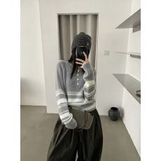 批发韩系正肩条纹半开领针织衫女早秋薄款慵懒风宽松圆领<b class='q'>长袖</b><b class='q'>t</b><b class='q'>恤</b>上衣