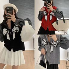 批发大码女装秋冬新款宽松<b class='q'>牛仔</b>领拼接领蝴蝶结针织开衫毛衣外套上衣