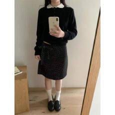 批发韩系高品质撞色全羊毛针织<b class='q'>短袖</b>T恤<b class='q'>女</b>秋季新款韩版波点半身裙
