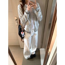 批发条纹连帽长袖针织衫外套<b class='q'>女</b>2025春秋新款韩系显瘦短款开衫上衣chic