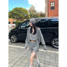 批发小个子辣妹慵懒风休闲套装女秋季时尚洋气针织外套背心短<b class='q'>裤</b>三件套