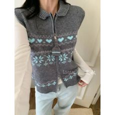 批发韩系费尔岛风粗线针织马甲女翻领拉链提花<b class='q'>背心</b>气质毛衣内搭坎肩潮