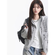 批发美式童趣短款连帽毛衣女小猫刺绣排扣双拉链针织外套