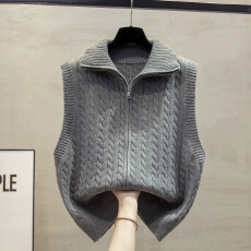 麻花高领拉链针织开衫马甲背心女2026秋冬新款宽松外穿马夹毛衣坎