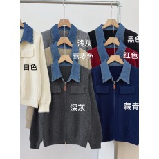 批发<b class='q'>牛仔</b>拼接翻领假两件针织开衫女秋冬宽松软糯双头拉链百搭毛<b class='q'>衣外套</b>