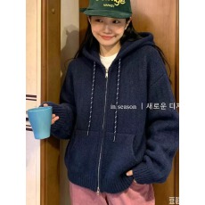 批发韩系慵懒感针织毛衣设计卫衣开衫女大童2026新款连帽加厚外套上衣