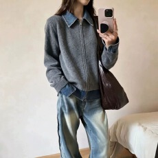 批发10色~翻领牛仔拼接针织衫女宽松休闲长袖毛<b class='q'>衣外套</b>秋冬季新款百搭