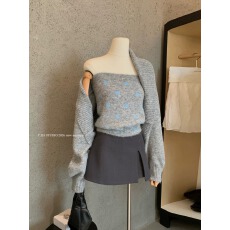 秋冬韩系慵懒针织毛衣外套+波点抹胸背心两件套装女