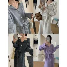 批发翻领立体<b class='q'>花朵</b>系带收腰针织<b class='q'>上衣</b>+半身长裙两件套 温柔韩系套装