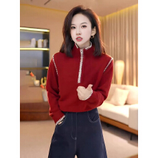 批发江洲JIANGZ秋冬红色半拉链针织衫<b class='q'>宽松</b>慵懒显瘦圣诞红穿搭套头毛衣