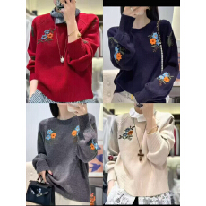 批发深圳南油2025女冬XMY圆领刺绣花朵毛衣宽松显瘦针织衫提花羊毛衫