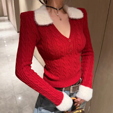 批发LINONEONE 软糯绒绒 韩系V领环保水貂拼接撞色修身弹力针织衫