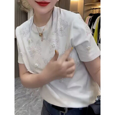 批发韩版烫钻蝴蝶正肩短袖t恤女2026年夏季<b class='q'>大码</b>宽松显瘦气质减龄上衣
