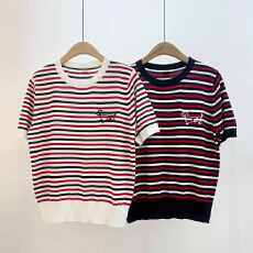 批发夏季新款学院风红色条纹撞色圆领刺绣小狗套头短袖针织衫T恤上衣