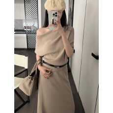 批发气质斜肩短袖针织T恤上衣女<b class='q'>夏</b>季御姐风套装高腰包臀半身裙两件套