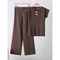 批发2026年高级感针织套装女<b class='q'>夏</b>季短袖阔腿裤百搭显瘦两件套