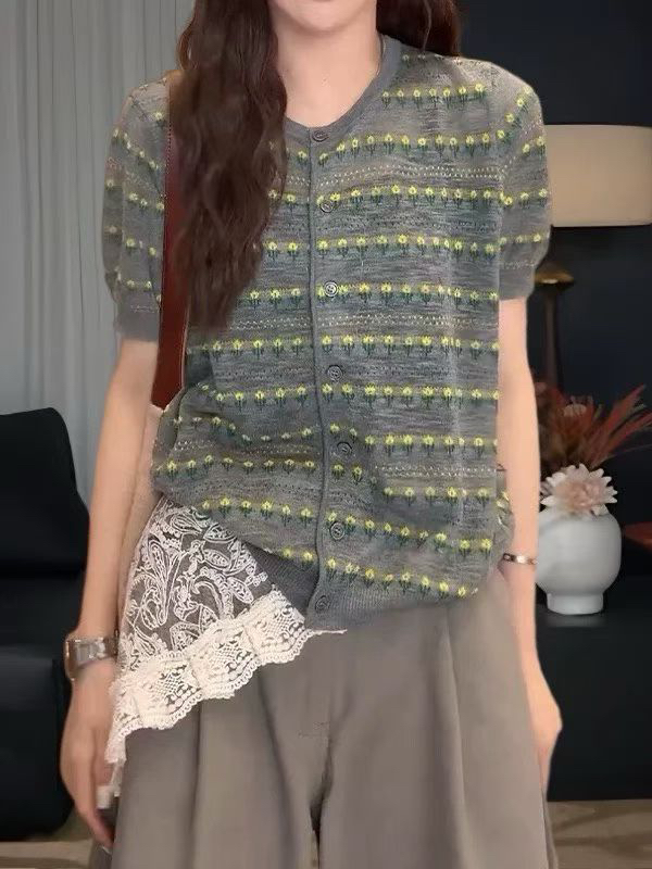 빅 사이즈 레트로 스트라이프 라운드 넥 반팔 니트 오픈 가디건 여성 봄 여름 얇은 스타일 루즈핏 다용도 슬림해 보이는 외국 가스 맨위
