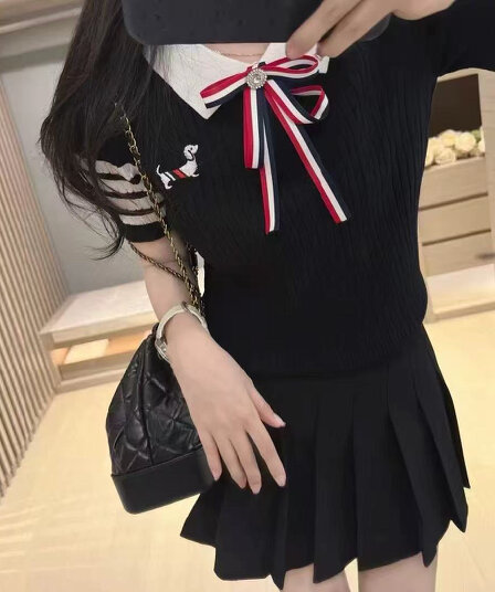 네 도로 바 나비 매듭 작은 티셔츠 폴로 칼라 학원 스타일 연령 감소 꽈배기 니트 반팔 자수 여성 트렌디