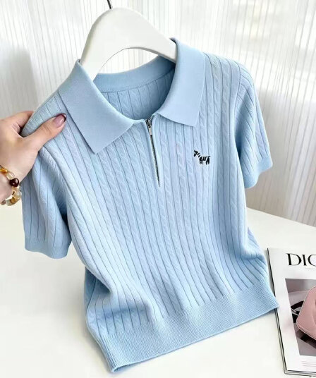 미니멀리즘 POLO 칼라 꽈배기 니트 스웨터 빅 사이즈 지방 mm 여성 여름 새로운 반팔 하프 지퍼 품격 캐주얼 맨위