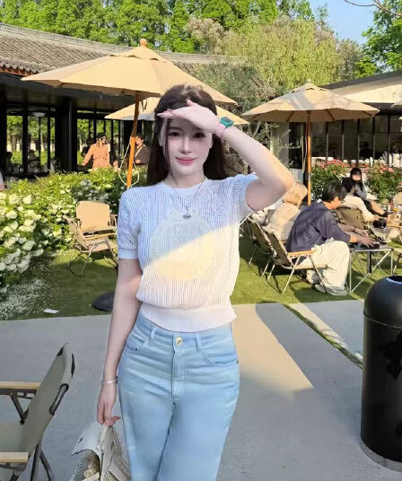 필드 Jiao baby 레이스 거울 연인 프랑스식 우아한 오래된 돈 천 골드 나비 매듭 홀로우 아웃 자수 니트 반팔