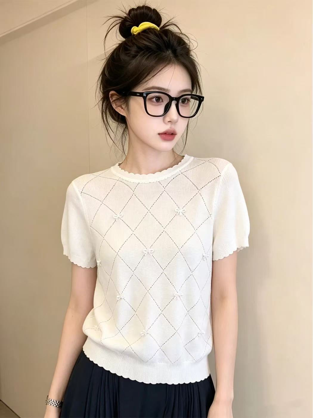 ziiy 세련된 연령 감소 착용 가져 가라. 링 그리드 나비 매듭 짧은 소매 위버 여름 루즈핏 슬림해 보이는 출퇴근 맨위