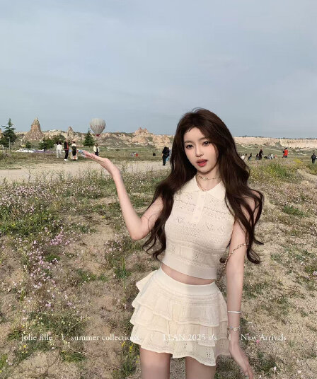너 ~ 중 게으른 llan 소녀 편안함 지구 폴로 칼라 계층의 감각 니트 조끼 프릴 반 스커트 세트