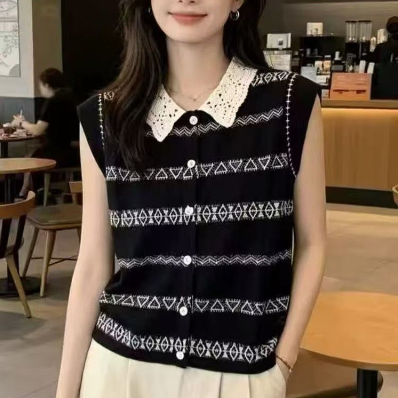레이스 폴로 칼라 스트라이프 반팔 니트 스웨터 여성 여름 얇은 스타일 티셔츠 2026 새로운 루즈핏 슬림해 보이는 연령 감소 맨위