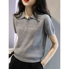 简约小众休闲风翻领短袖针织衫女灰色显瘦百搭通勤气质设计感上衣