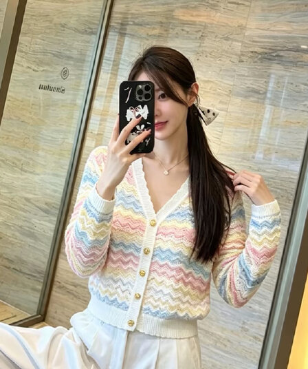 파란색 그라데이션 V넥 니트 오픈 가디건 여성 26 가을 새로운 무지개 스트라이프 샤오시엔 홀로우 아웃 스웨터 코트 맨위