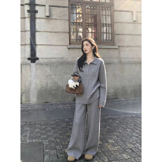 批发欧美秋<b class='q'>冬</b>季简约高级感polo领针织麻花上衣➕阔腿针织裤子两件套