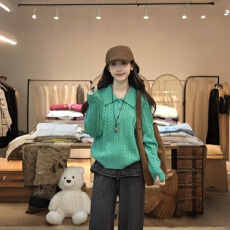 批发已出货 复古POLO领苹果绿翻领麻花<b class='q'>毛衣</b>女秋冬温柔风软糯针织上衣