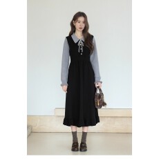 批发秋季长袖针织连衣裙女2025新款黑色裙子假两件气质长裙