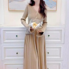 批发<b class='q'>春</b>秋针织衫修身显瘦V领百褶长裙纸片人两件套套装潮