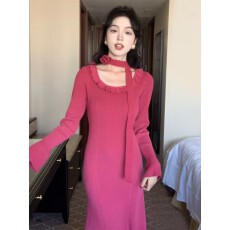 批发SYT自制 <b class='q'>荷叶边</b>花朵围脖针织<b class='q'>连衣裙</b>女冬季新品修身显瘦气质中长裙