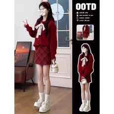 批发初早秋红色毛衣连衣裙子女秋<b class='q'>冬</b>季2025新款高级感穿搭一整套装超火