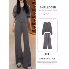批发慵懒感休闲套装女秋季新款灰色连帽长袖针织衫抽绳直筒长裤两件套