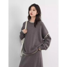 批发秋新款慵懒感圆领撞色边毛衣针织半身裙<b class='q'>套装</b>