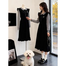 批发学院风假两件拼接<b class='q'>连衣裙</b>女2025秋冬新款<b class='q'>翻领</b>气质收腰显瘦针织长裙
