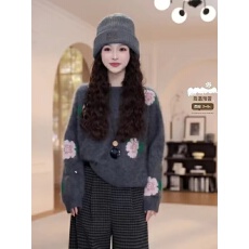 批发圆领套头花朵毛衣女秋冬季新款慵懒风长袖针织衫9208