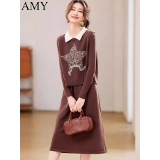 批发2025冬装新款刺绣马甲时尚针织<b class='q'>连衣裙</b>套装拼色气质高级感两件套女