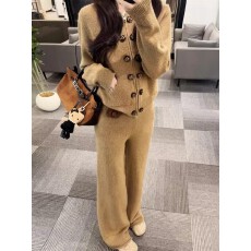 批发冬季时尚休闲穿搭设计感纽扣拉链外套阔腿裤两件套装