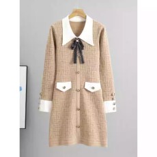 批发法式翻领蝴蝶结针织<b class='q'>连衣裙</b>气质女神范秋冬新款宽松温柔打底毛衣裙