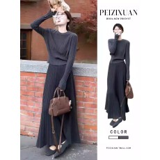 批发法式高级感灰色针织<b class='q'>连衣</b>裙子女早秋季2026新款小个子气质<b class='q'>长裙</b>套装